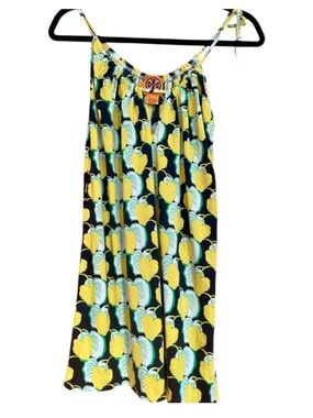 Tory Burch 100% Silk Leaf Print Mini Dress S Yellow Black Adjustable Logo Strap